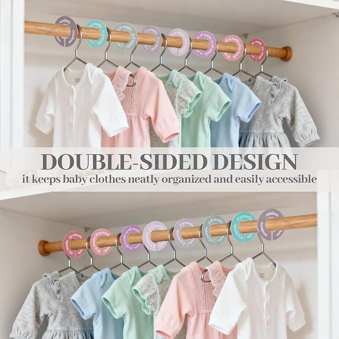 8 Pcs Baby Closet Dividers, Double-Sided Clothes Organizer for NB-24 Months | Sturdy closet separators fit most standard closet rods. Visible size tags simplify sorting and locating baby outfits quickly