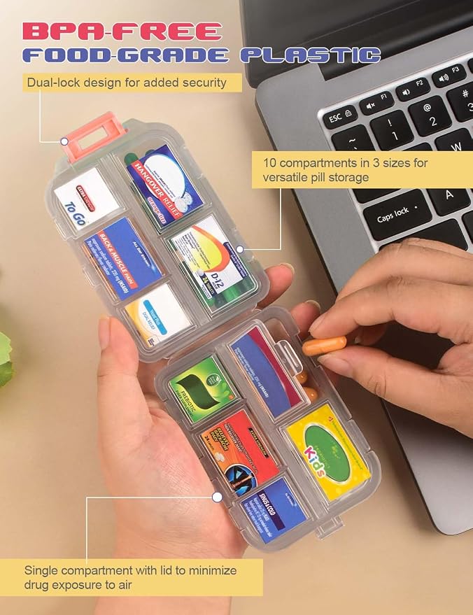 3 Pcs DIY Travel Pill Organizer with Labels Pocket Pharmacy, 3 Pill Box & 420 Medicine Labels, Portable Travel Essentials Mini Pill Container 7 Day Pill Case Storage Vitamin Fish Oil (Set B)