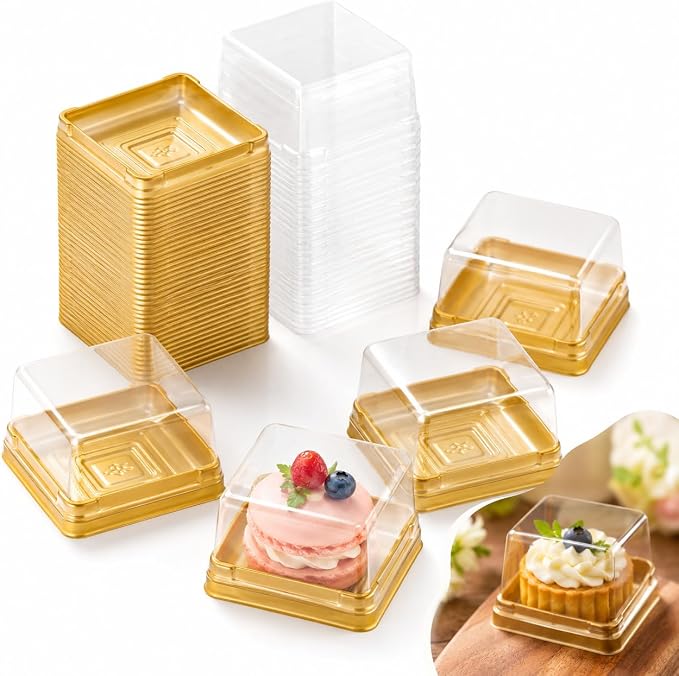 DOITOOL 100 Pcs Mini Cake Containers 2.24 Inch Mooncake Packaging Boxes | Individual cupcake containers with clear lids, gold plastic flan dessert dome for macarons muffins cookies wedding birthday