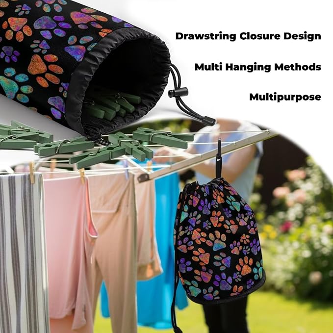 Dog Paw Portable Clothespin Organizer Bag, Drawstring Laundry Peg Storage Pouch with Hanging Loop, Compact Clips Holder for Drying Rack, Camping, Beach, Home