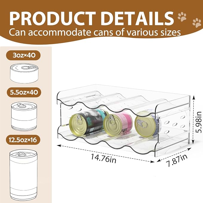 Flenpptly Cat Food Can Organizer, 2-Tier Cat Food Organizer | Transparent Can Organizer for Pantry, Canned Food Organizer Holds 40 (3oz) Cans, Pantry Can Organizer (2-Tier 4-Can)