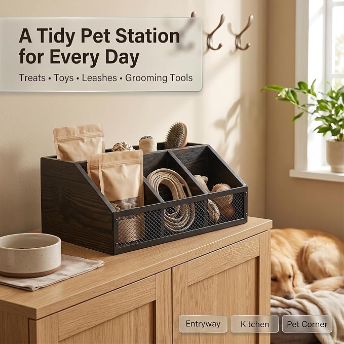 Pethiy Dog Treat Organizer for Countertop, Wooden Pet Treat Storage Box,Wooden Grid Snack Storage Box Trapezoid Dog Snack Holder for Training Treats,cat Treat jar Desktop Treat bar