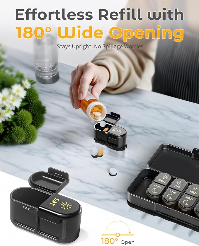 Pillex Weekly Pill Organizer 2 Times a Day, AM PM Pill Organizer 7 Day, Large Pill Box 7 Day, Travel Pill Case Daily, Black Privacy Protection Medicine Container for Medication, Vitamins, Supplements
