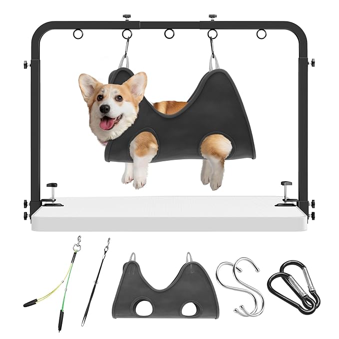 Adjustable Pet Grooming Arm for Table: 42" Height & 27"-39" Width, Clamp Fits Up to 2.76", Includes Hammock & 2 No-Sit Nooses, Heavy-Duty Dog Grooming Station for Home Use, Nail Trimming & Drying