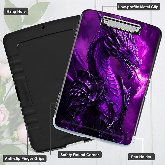 Purple Flaming Dragon A4 Clipboard with Storage Pen Holder, Clipboards Organizer Nursing Clipboard Foldable File Folder Plastic Clipboard Folio Clip Board for Office Students Classroom