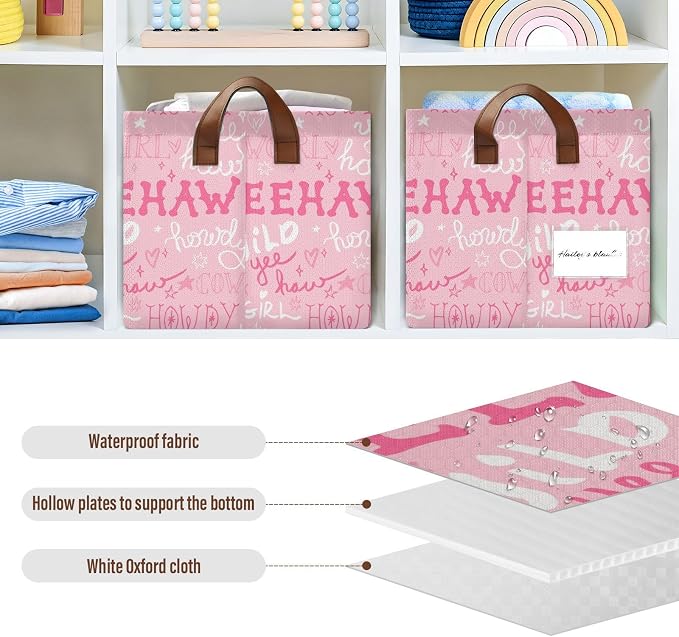 Howdy Cowgirl Quoted Pink Western Storage Basket Foldable Cube Storage Bins with Handles&Labels Waterproof Collapsible Organizer Box Bin Large Rectangle Decorative Baskets for Shelves Home Living Room