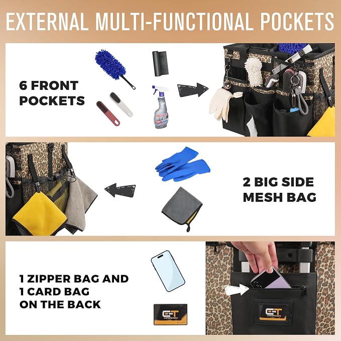 SCAVATA Rolling Cleaning Caddy Bag with Detachable Trolley & Wheels | Large Cleaning Supply Organizer, Portable Multi-Pocket Cleaning Cart for Housekeeper, Adjustable Shoulder Strap, Leopard