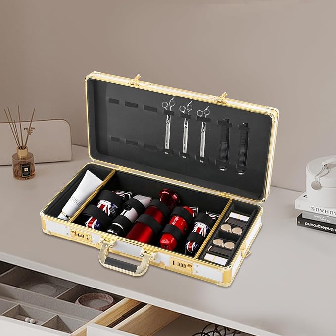 Barber Case, Professional Barber Travel Carry Cases for Clippers and Supplies Storage, Hair Stylist Tool Kits Organizer Beauty Salon Barber Box with Shoulder Strap & Code Lock (White&Gold)