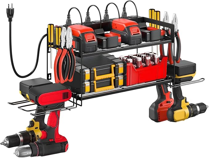 Garage Tool Organizer with Charging Station & Power Strip - 4 Drill Holder Wall Mount Rack, Heavy Duty Metal Shelf for Workshop Organization