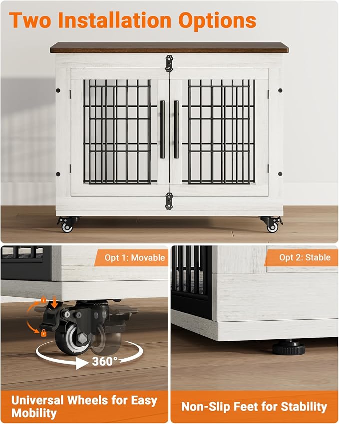 YaFiti Dog Crate Furniture, 32.5” Wooden Indoor Dog Kennel, 2 Pack, White | Cushion, Wheels, Double Doors, Furniture Style, Side End Table, Decorative Pet Cage House, Up to 45 lb, for Small/Medium Dogs
