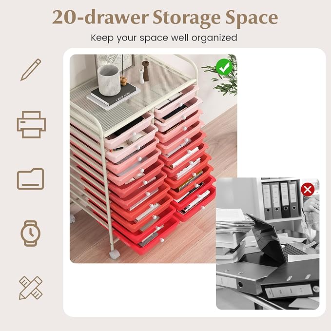 20 Drawer Rolling Storage Cart, Art Cart Organizer with Wheels for Makeup, Tool, Paper, Multipurpose Craft Storage Cart with Drawers for Office, Home, Classroom, School (Gradient Pink)