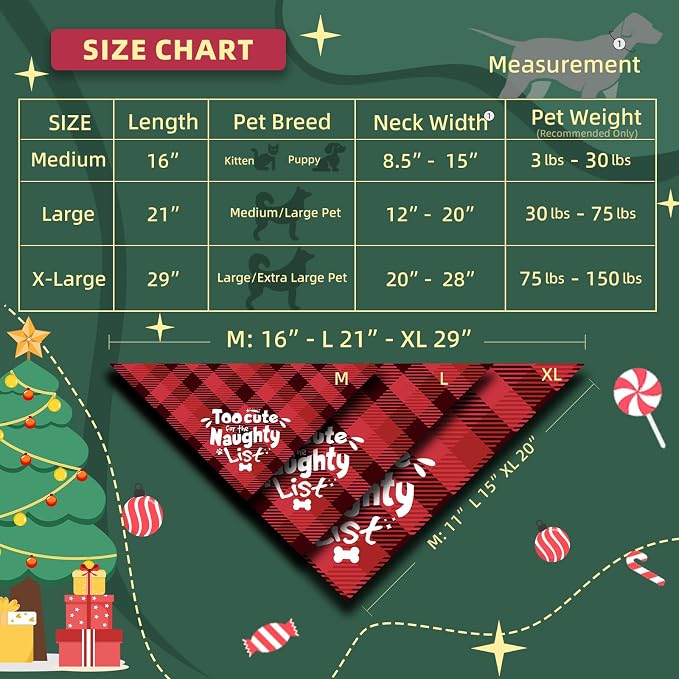 Christmas Dog Bandanas Naughty & Nice Idea Funny Holiday Stocking Pet Scarf Gifts - Too Cute for the Naughty List, Red Plaid, Medium & Large Breed, 25-75lbs