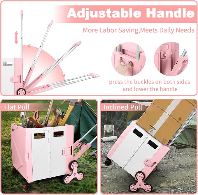 76L Folding Utility Cart Portable Rolling Crate Handcart Shopping Collapsible Tool Box with Stair Climbing Wheels,Hidden Lid,2 Rotate Wheels,for Grocery,Shopping,Office,Storage(Pink-White)