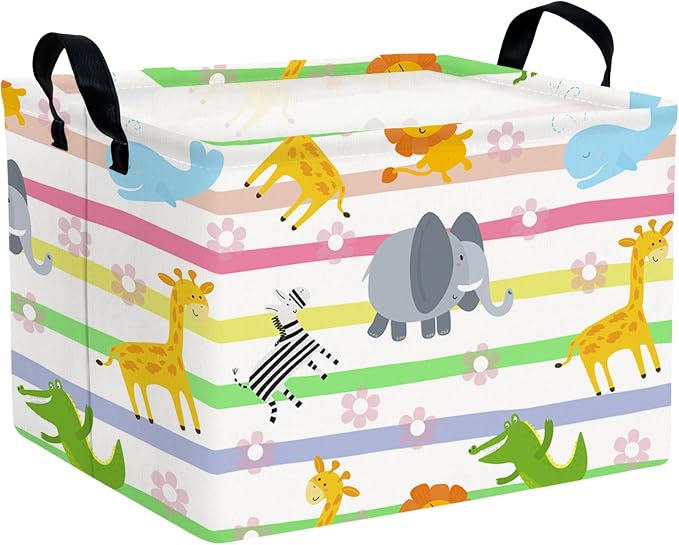Cute Rectangle Woodland Animal Baby Girl Basket Nursery Playroom Bedroom Decor Clothes Toy Storage Basket Linen Canvas Colorful Animals