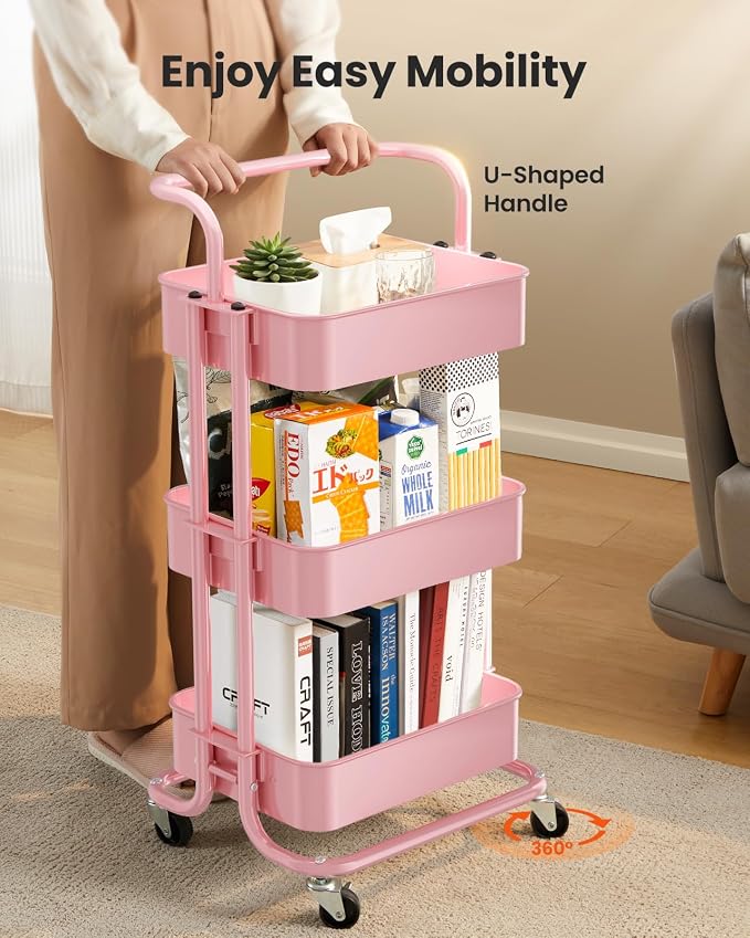 Pipishell Metal 3 Tier Rolling Cart with Handle & 2 Lockable Wheels, Pink | Four Large 2" Wheels for Easy Motion, Sturdy Metal, Hold 22 lbs per Shelf, Ideal for Nursery Room, Living Room, Painting Room