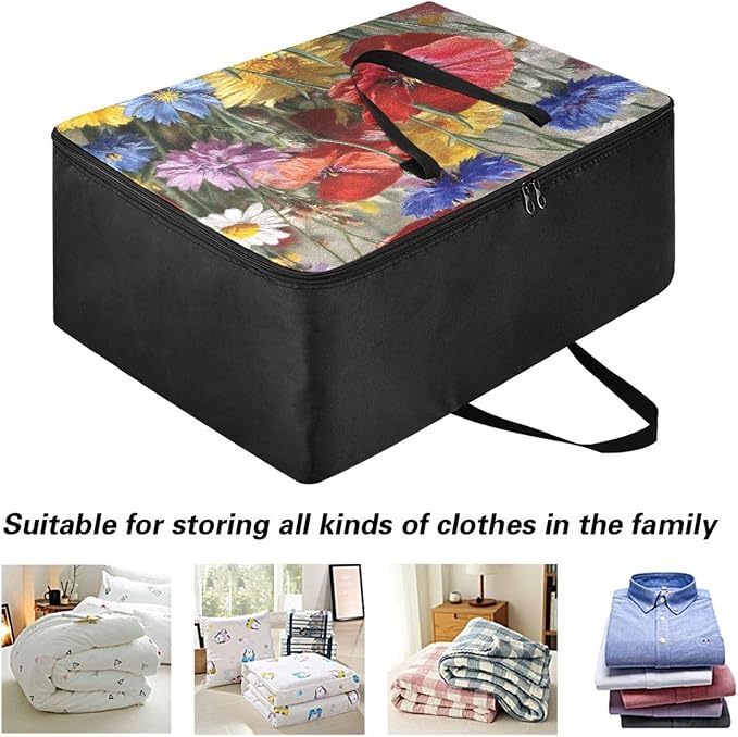 Comforter Storage Bags Large Folding Blanket Organizer Bag with Strong Handles Clear Window Closet Storage Containers for Clothes King Queen Pillows Bedding Quilt Duvet Cornflower Poppy Daisy
