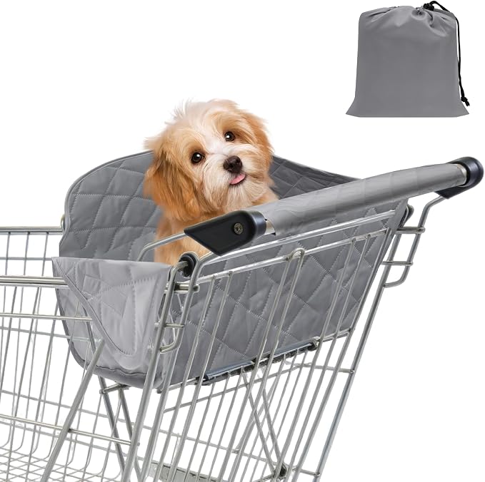 Pet Shopping Cart Cover, Portable Quilting Grocery Cart Cover with Storage Bag for Pets, Secured with Hook and Loop, Machine Washable for Pet Dog Cat, Easy-on Stretch(Gray)