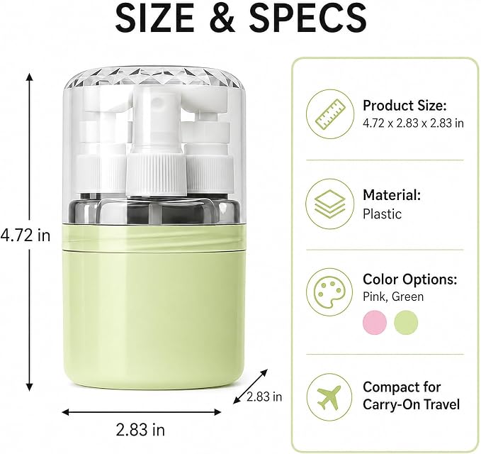4-in-1 Travel Dispenser with 4 x 50 mL Bottles, Green | 4 refillable 50 mL bottles, pump and spray tops, included label stickers, compact design for toiletries, travel, gym