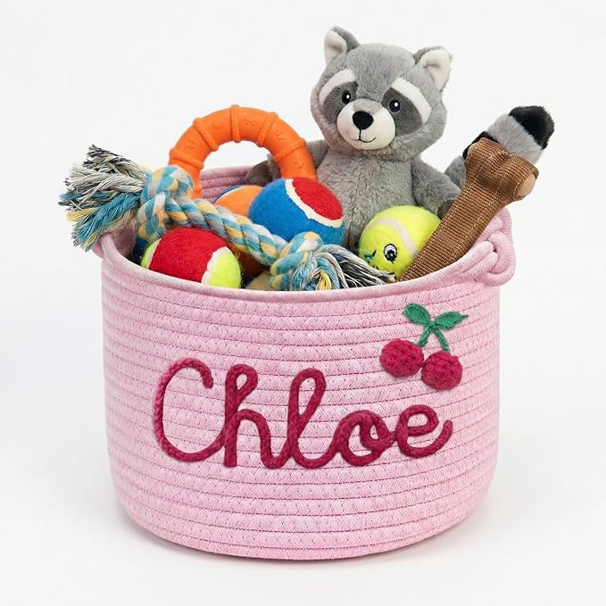 Personalized Dog Toy Storage Basket - Custom Woven Cotton Rope Bin with 3D Cord Name for Puppy Accessories, Treats & Pet Organization Pink M