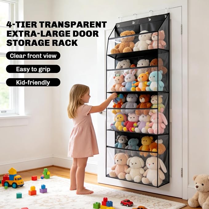 Thickened Plush Toy Storage Rack, Four-Tier Extra-Large Door Back-Hanging Shelf, Oxford Cloth + Transparent Window, for hanging plush toys, also suitable for storing diapers and baby supplies, Black