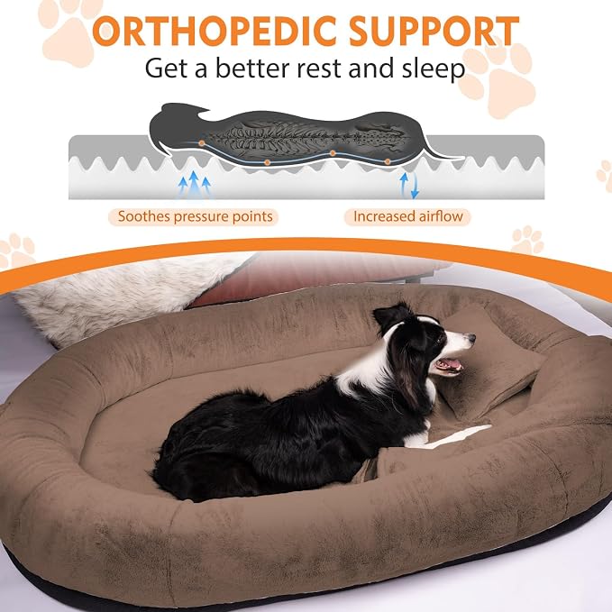 Human Dog Bed,71"x45"x14" Human Size Giant Dog Bed for Adults and Pets,Washable Faux Fur Cover Napping Orthopedic Bean Bag Bed for Humans with Blanket and Pillow,Coffee