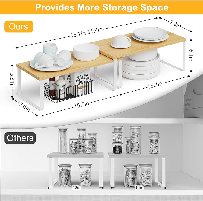 OGEMXU Cabinet Shelf Organizers, 15.7 inches Large Kitchen Counter Shelf, Set of 4 Wood Kitchen Pantry Organizer, Storage Shelves for Countertop, Spice Rack, Stackable, Expandable, Metal White, Nature