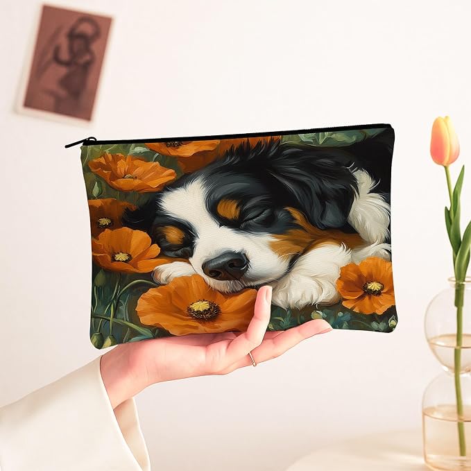 Fall Bernese Mountain Dog Makeup Bag, Funny Autumn Poppy Flowers Printed Cosmetic Travel Pouch for Women Girls, Pet Portable Small Canvas Zipper Organizer 7x9 Inch