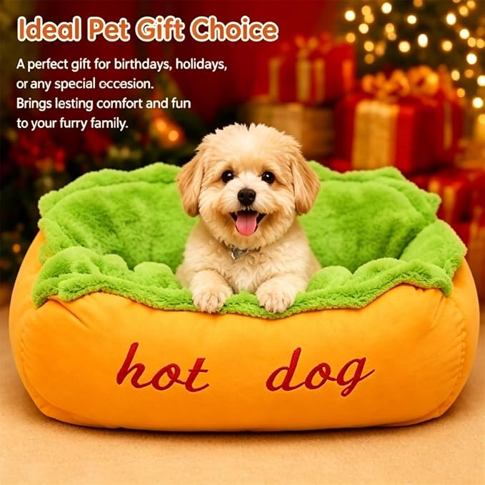 Hot Dog Dog Bed, Hot Dog Bun Dog Bed, Hotdog Dogbed for Dachshund, Funny Petbed House, Novelty Hotdog Sleepbed Small Puppy Large Dog Soft Kennel Sleepingbed Pet Accessories (M)