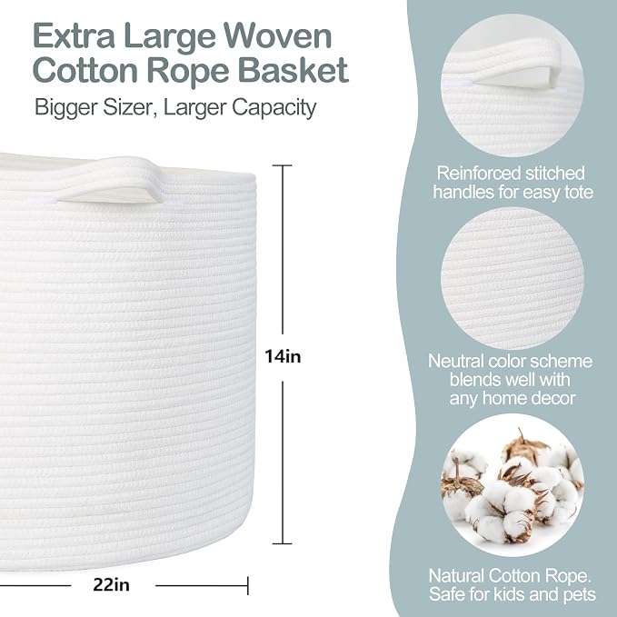 White Cotton Rope Storage Basket, 22" X 22" X 14" Extra Large Blanket Storage Living Room, XL Soft Toy Bin for Organizing, Woven Baby Laundry Basket with Handle, White Wicker Hamper Nursery