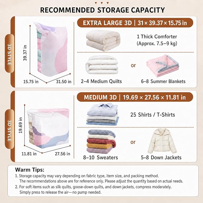No Pump Vacuum Storage Bags for Bedding 3D Compression Jumbo Press and Seal for Clothes and Blankets Large Capacity Thickened Stereoscopic Saving Space 2026 New 3pc (Medium)