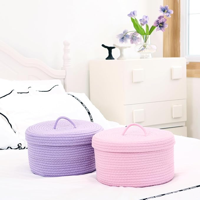 Sea Team Round Storage Basket, Woven Cotton Rope Basket with Lid, Pink | Decorative Knitted Storage Bin, Multi-Purpose Lidded Organizer for Closet Shelves, Nursery and Household Storage