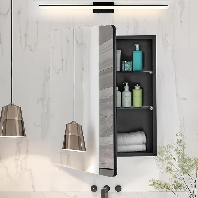 VEVOR Medicine Cabinet, 24 x 30 inch, Medicine Cabinet for Bathroom with Mirror, Aluminum Frame Bathroom Wall Cabinet, 2-Layer Adjustable Shelves, Recessed & Wall-Mounted Installation