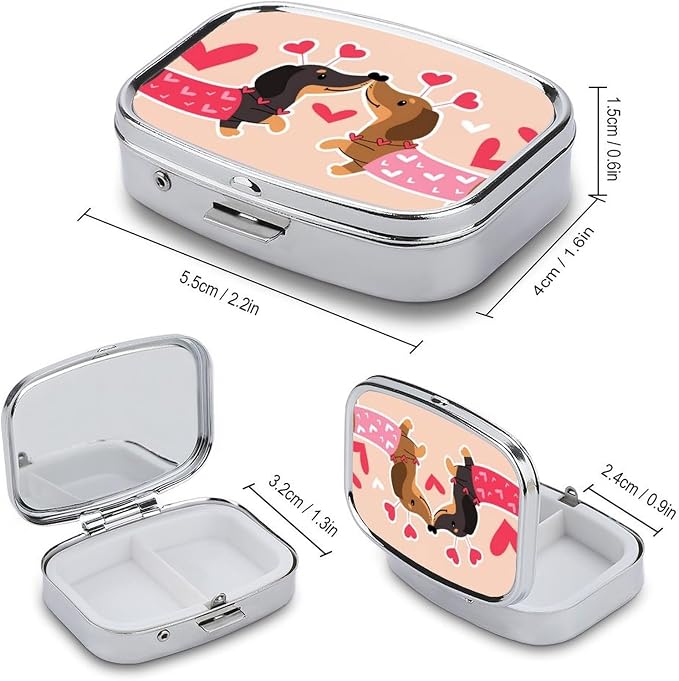 Dachshund Dogs Kiss Heart Durable Metal Pill Case for Daily Use, 2 Slot Medicine Box Organizer,Leak Proof Travel Pill Container for Vitamins, Compact Pocket Medicine Holder for Seniors,Holiday Gift
