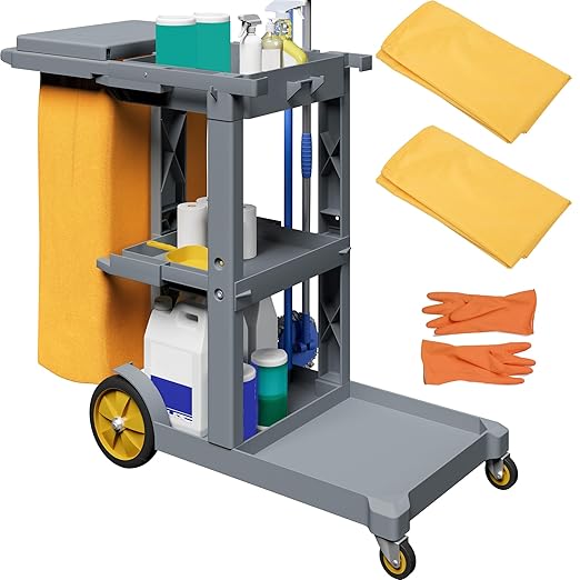 YITAHOME 3-Shelf Cleaning Carts on Wheels, Grey Janitorial Cart | 3-Shelf Commercial Traditional Plastic Housekeeping Cart, with 2 Yellow 25 Gallon Vinyl Bag and Pair of Rubber Gloves