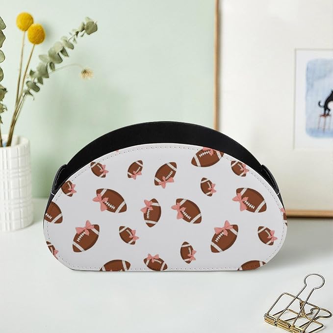 TV Remote Control Organizer Pink Bow Football White 5 Compartment Caddy Box | Pink Bow Football White, PU Leather Desk Storage Bag Fits Controller, Makeup Brushes, Media Player, Office Supplies