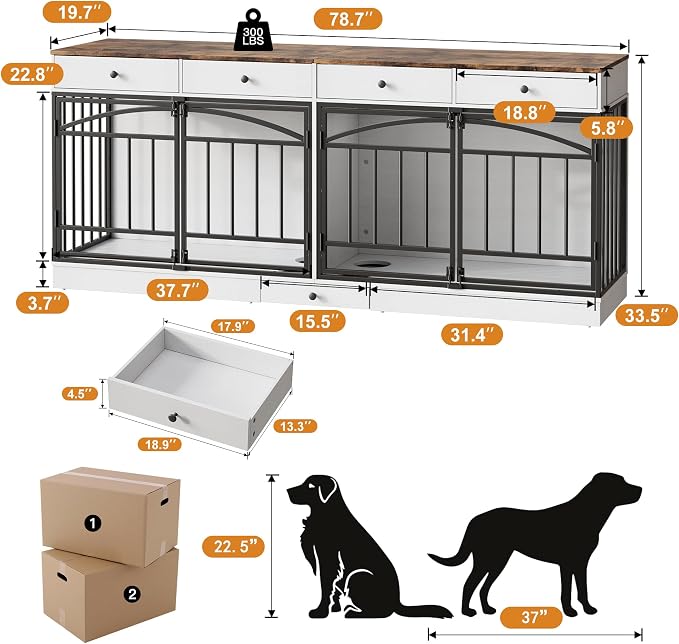 IDEALHOUSE 78.7" Double Dog Crate Furniture with Storage and 4 Doors, White | Dog Kennel Indoor with Feeding Bowls, Wood Dog Crate TV Stand for Small Medium Dogs