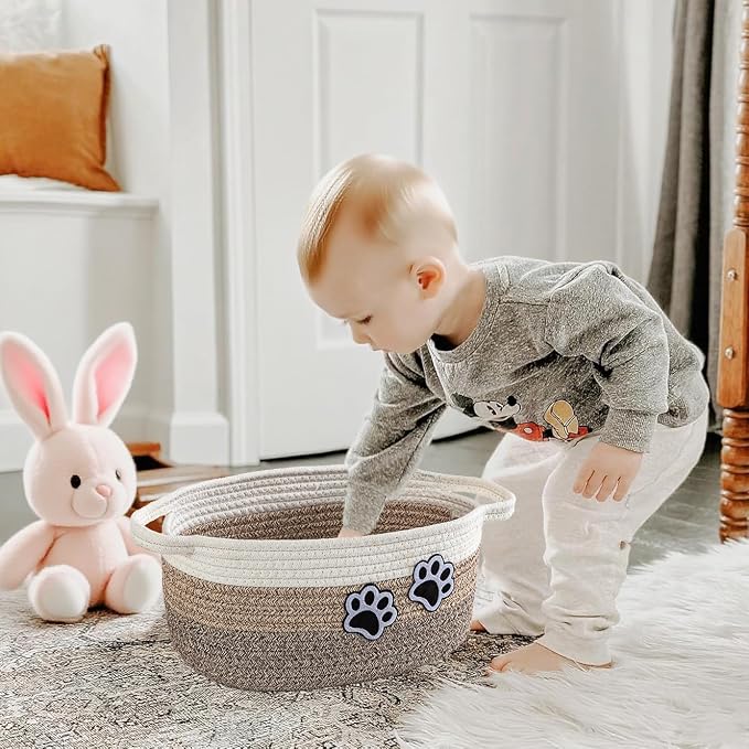 Small Woven Cotton Rope Nursery Organizer Bins, Dog Toy Basket Bins with Handle, Cute Empty Pet Gift Storage Baskets with Paw