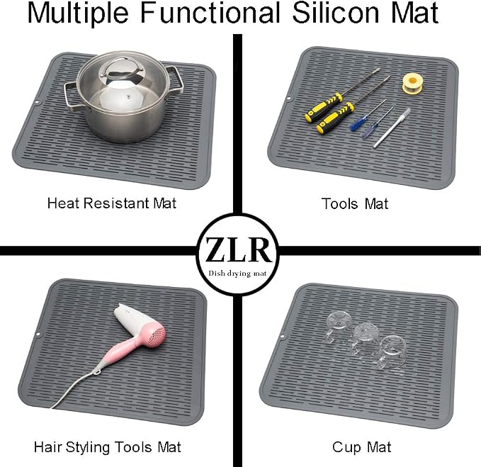 ZLR 2 Pcs Heavy-Duty Silicone Dish Drying Mat (16" x 18" / 401x455mm) - XL Family-Size Thick 5mm Drainboard for Pots, Pans & Heavy Cookware - Oversized Trivet & Counter Protector, Non-Slip (Dark Gray)