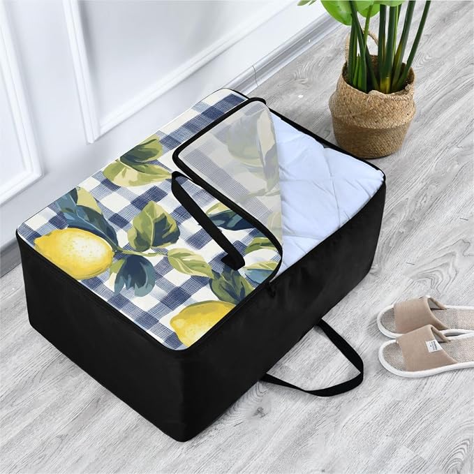 Comforter Storage Bags Large Folding Blanket Organizer Bag with Strong Handles Clear Window Closet Storage Containers for Clothes King Queen Pillows Bedding Quilt Duvet Blue Gingham Yellow Lemo