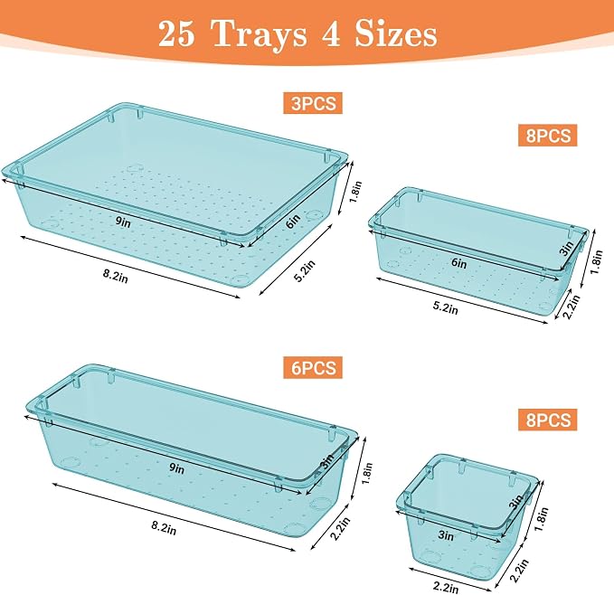 SpaceHacks 25 PCS Plastic Drawer Organizer, 4-Size Versatile Organizer Trays & storage Bins