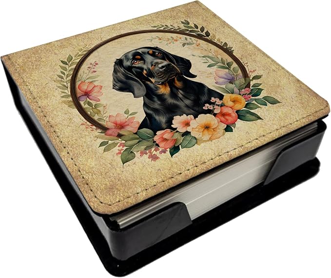 Caroline's Treasures Black and Tan Coonhound and Flowers PU Leather Note Paper Holder with Artist-Designed Cover, Desk Accessory, Office Gift