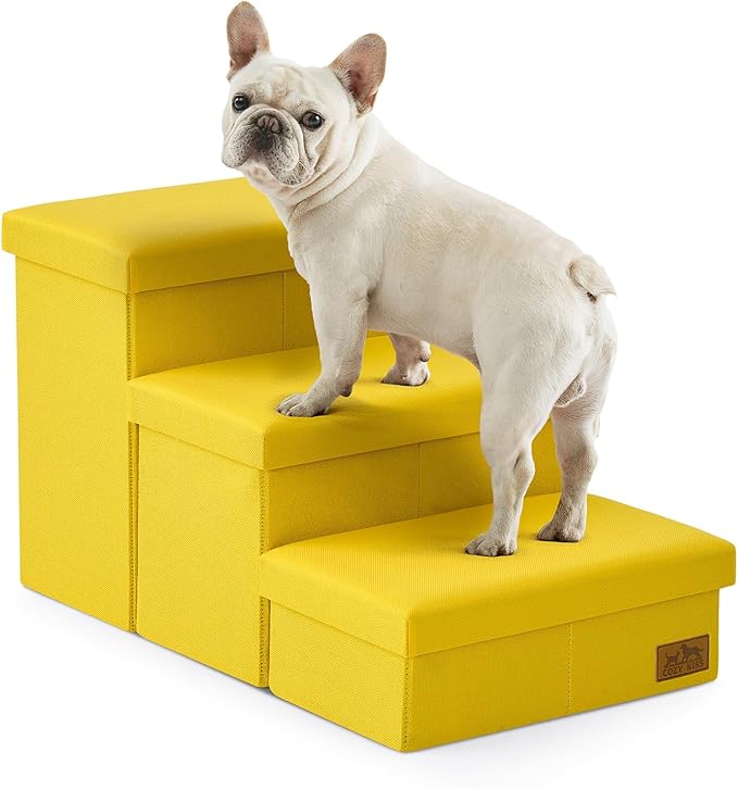 Dog Stairs with Storage, 3-Step Wider Sturdy Dog Steps for Small/Medium/Large Dogs and Older Cats, Folding Doggie Ramp for Bed/Couch/Car Hold Up to 180 lbs (16.7" H, Yellow)