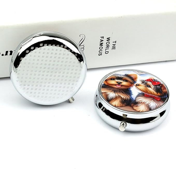 Two Pet Dog Metal Round Pill Box, 3 Compartment Travel Organizer, Portable Pill Container with Secure Latch, 2 Inch Circular Vitamin Caddy for Pills and Vitamins, Gift for Him Her Elderly