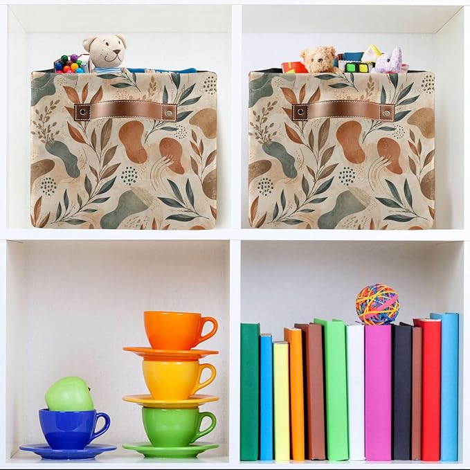 Kigai Storage Basket, Fabric Collapsible Closet Organizer Bin | Earthy Leaves Waterproof Foldable Canvas Basket with Handles for Shelves, Nursery, Closet, Bedroom & Bathroom
