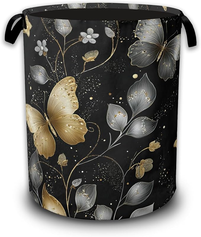 Golden and White Butterflies Laundry Basket,Laundry Hamper Waterproof Oxford Cloth Tote Bag,Clothes Storage Bucket Decorative Toy Organizer for Bathroom Bedroom 16" x 20.8"