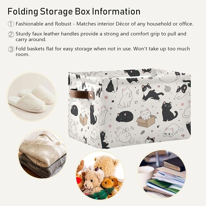 Kigai Storage Basket, Fabric Collapsible Closet Organizer Bin | Cute Cats Waterproof Foldable Canvas Basket with Handles for Shelves, Nursery, Closet, Bedroom & Bathroom