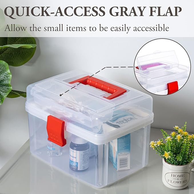 MyGift 10 Inch Clear First Aid Bin with Tray & Quick Access Lid, Red | Keep first aid or medical supplies organized in a clear bin with a detachable tray, quick-access lid flap and portable design