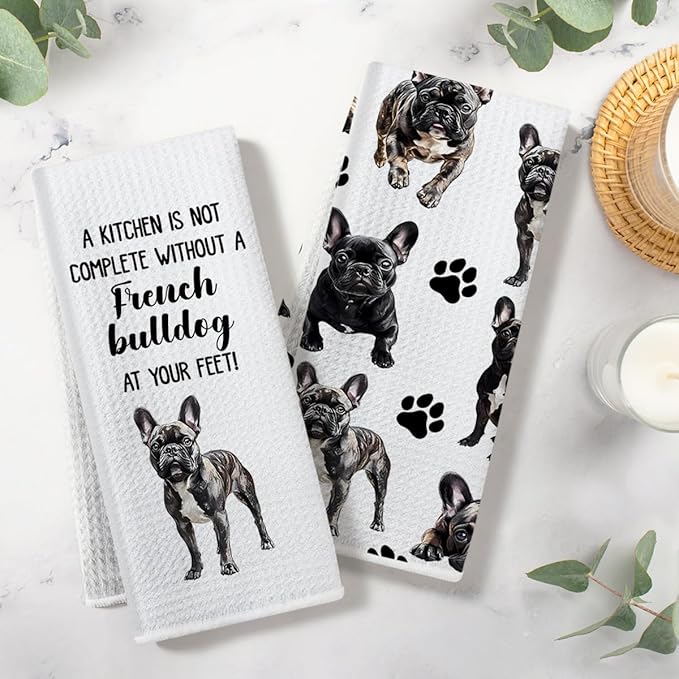 French Bulldog Waffle Weave Kitchen Towels, Quick Dry Multipurpose Hand Towels for Bathroom, Absorbent Reusable Cloth Tea Dish Towels for Home Decor, Dog Lover Gift Towel Set of 2