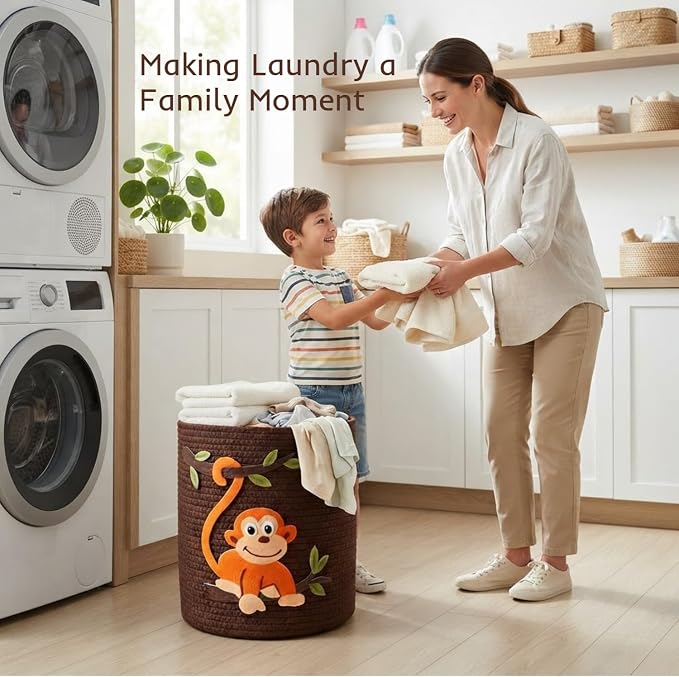 Animal Basket for Nursery Storage, Woven Cotton Rope Bin with Monkey Design, Cutout Handles, Baby-Safe Kids Toy Organizer for Stuffed Animals, Laundry Hamper, Foldable & Washable (Monkey)