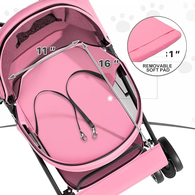 MoNiBloom Pet Stroller for Small/Medium Dogs and Cats up to 22 lbs, Pink | Foladble 4 Wheels Easy-Fold Puppy Cage Jogger Stroller with Sun Cover, Pad and Rear Storage Bag, Breathable and Visible Mesh